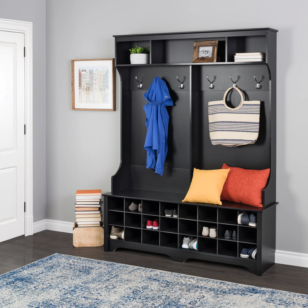60" Wide Hall Tree with 24 Shoe Cubbies, Black U15875