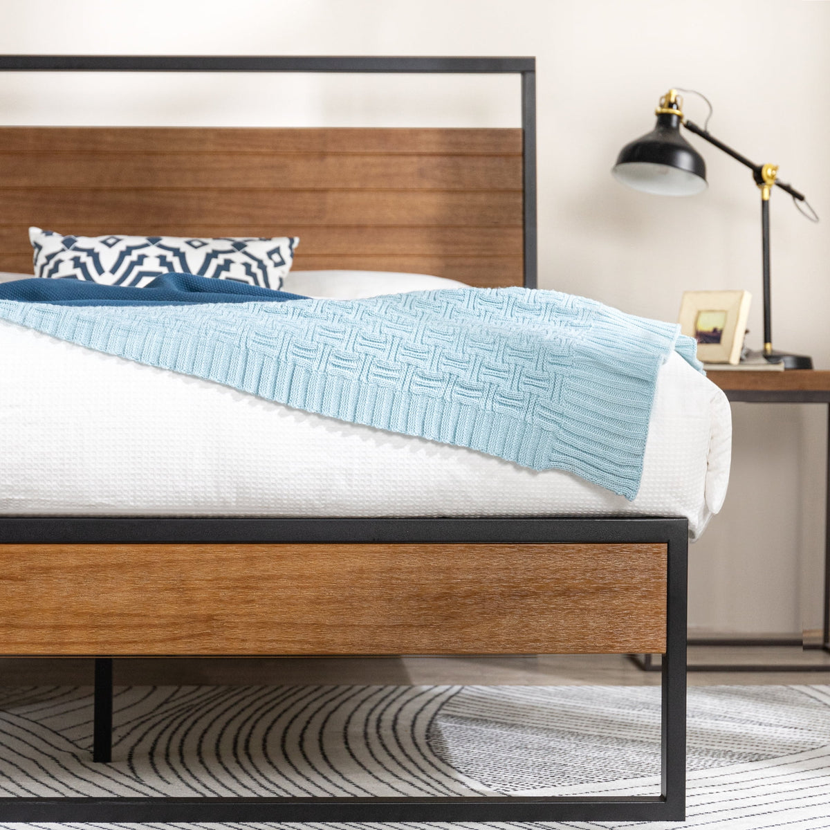 Queen Metal and Wood Platform Bed Frame with Headboard U748517