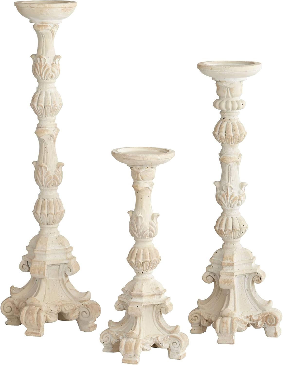 Whitewashed Carved Pillar Candle Holders Set of 3 W15344