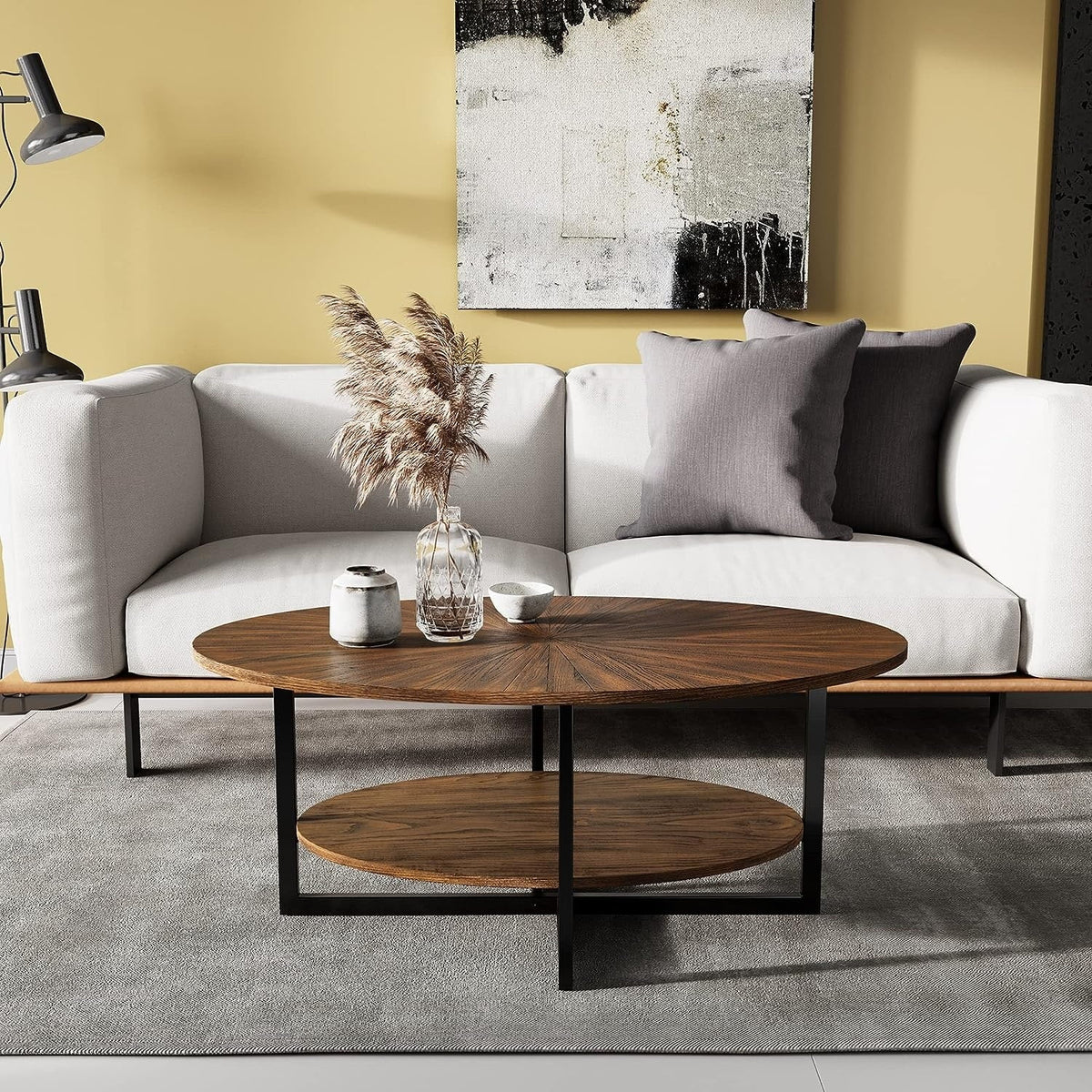 Solid Wood Oval Coffee Table with Cross Metal Legs A791