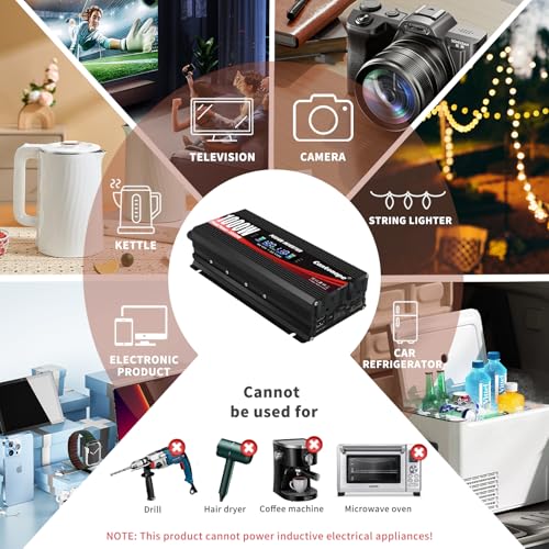 1000 Watt Car Power Inverter 12V to 110V/120V AC with LCD Display Dual AC Outlets Dual USB Black E3777