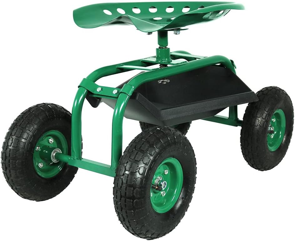 Rolling Garden Cart with 360 Degree Swivel Seat & Tray, Green H48508