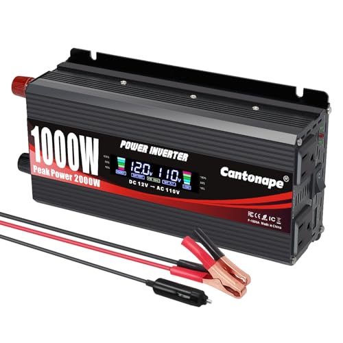 1000 Watt Car Power Inverter 12V to 110V/120V AC with LCD Display Dual AC Outlets Dual USB Black E3777