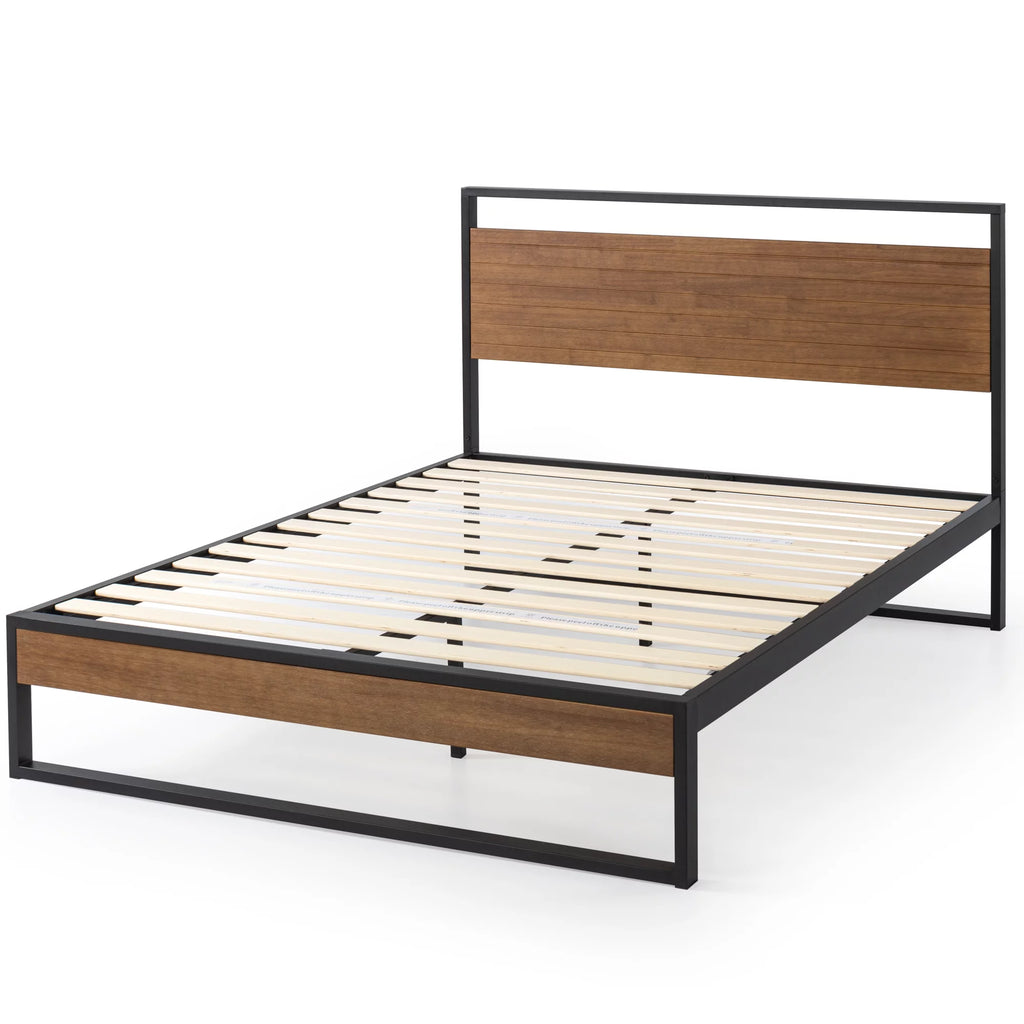 Queen Metal and Wood Platform Bed Frame with Headboard U748517