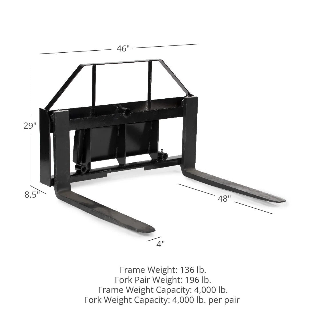 Mini Skid Steer Pallet Fork Attachment, 48" Fork Blades, 4,000 LB D834040