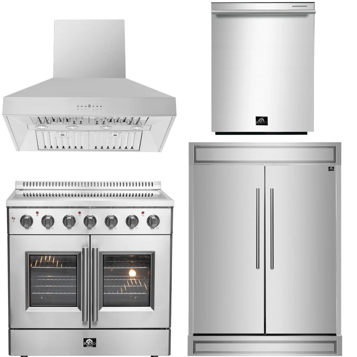 36 Electric French Door Range, Wall Mount Range Hood, Refrigerator and Dishwasher M63642