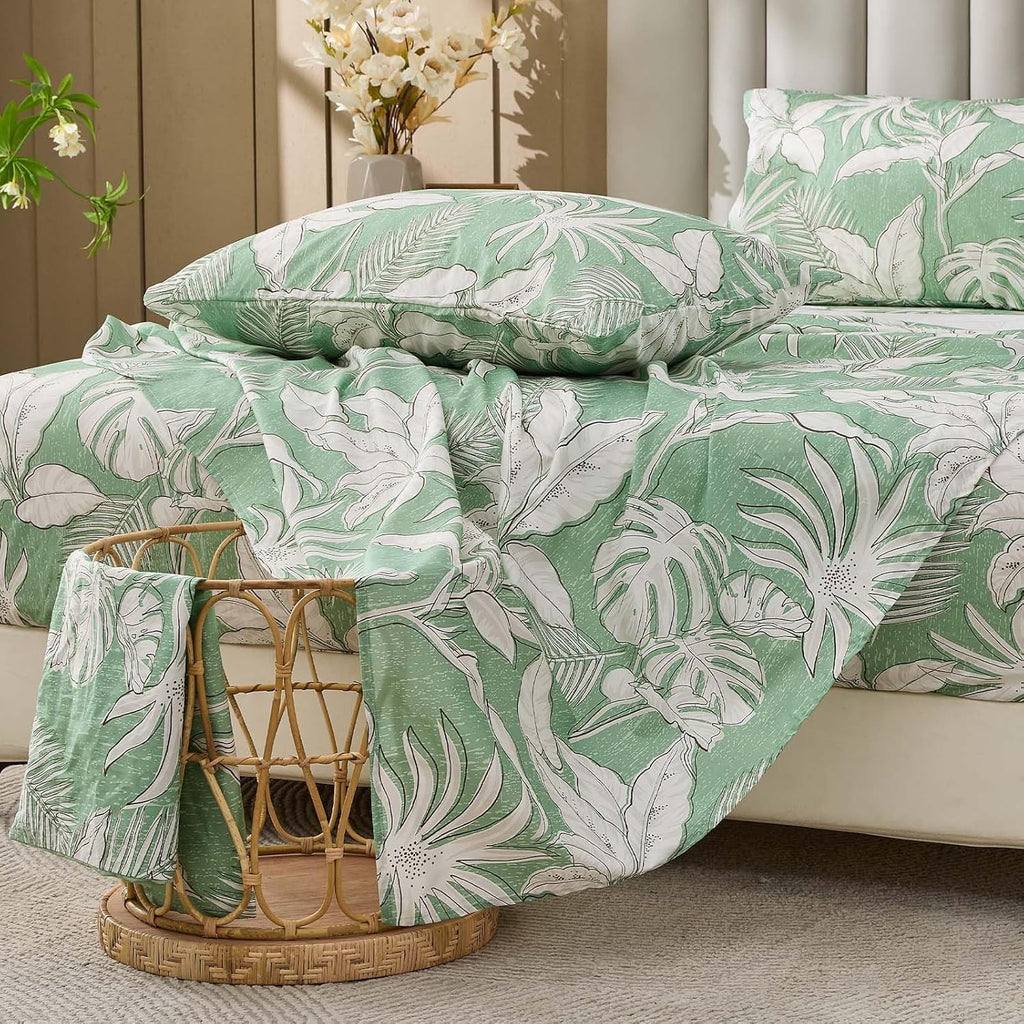 Green Floral Cotton Sheet Set Queen Size 4PC G6774