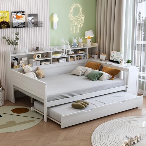 Twin Size Wood Daybed with Bookcase Storage and Desk R767