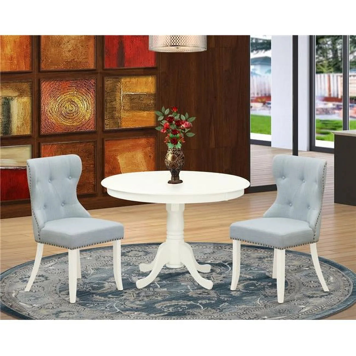 Modern Dining Table Set Linen White Baby Blue Set of 2 P13556