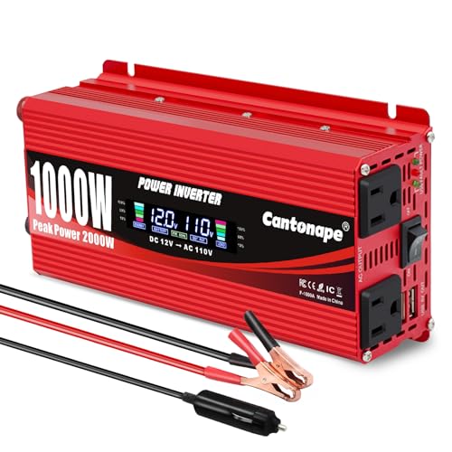 1000 Watt Car Power Inverter 12V to 110V/120V AC with LCD Display Dual AC Outlets Dual USB Black E3777