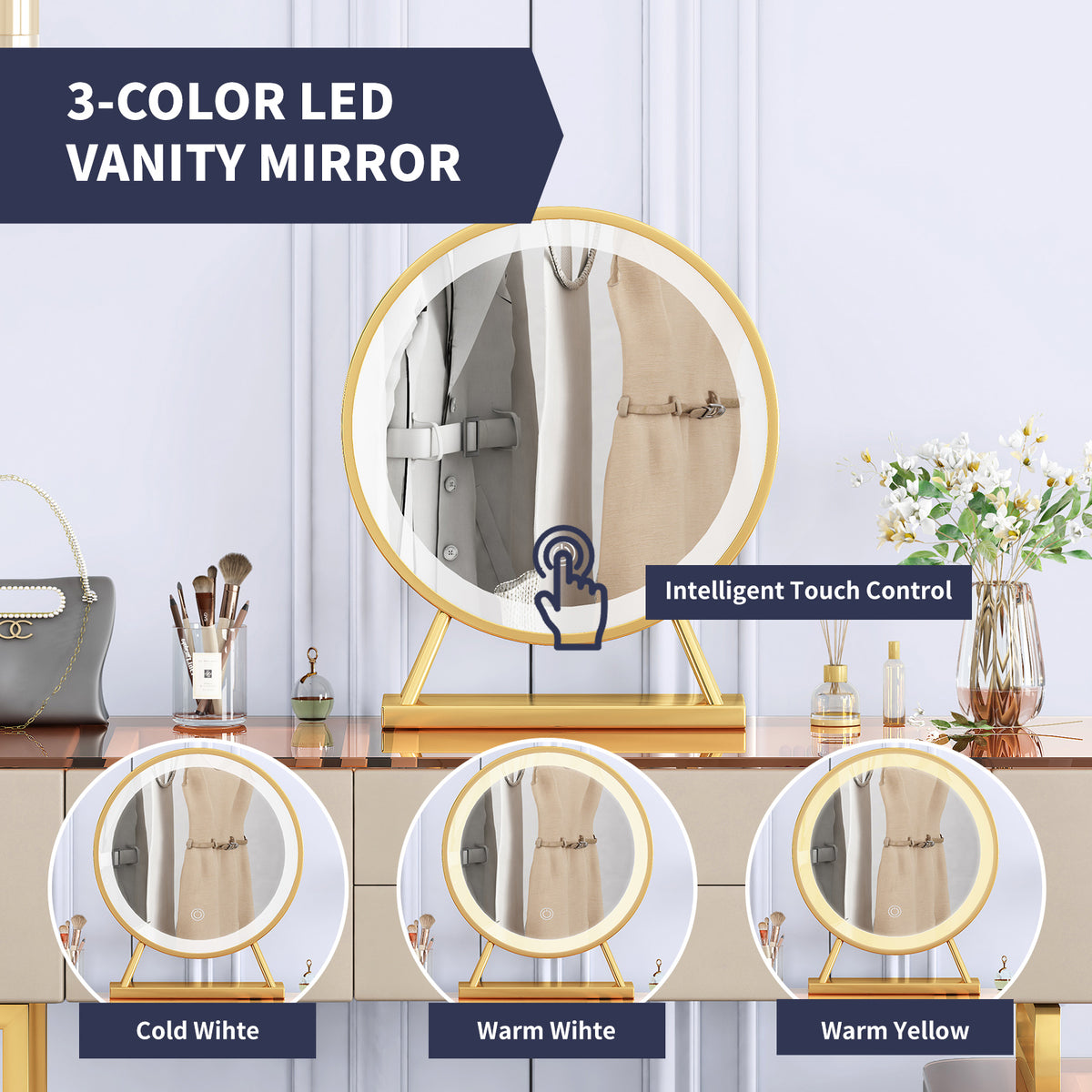 Vanity Set with LED Light Mirror, Drawers, Dressing Table and Chair C847