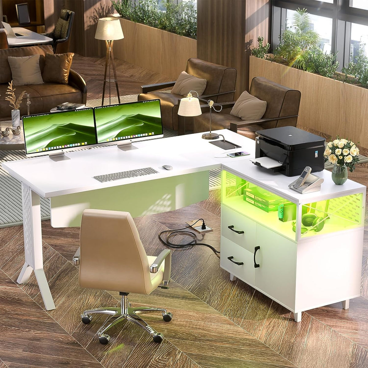 White 55 Inch L Shaped Desk with File Cabinet and Power Outlet Q169
