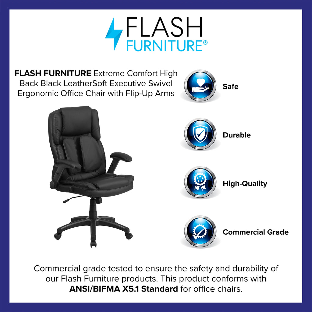 Black LeatherSoft Executive Swivel Ergonomic Office Chair with Flip-Up Arms L5090