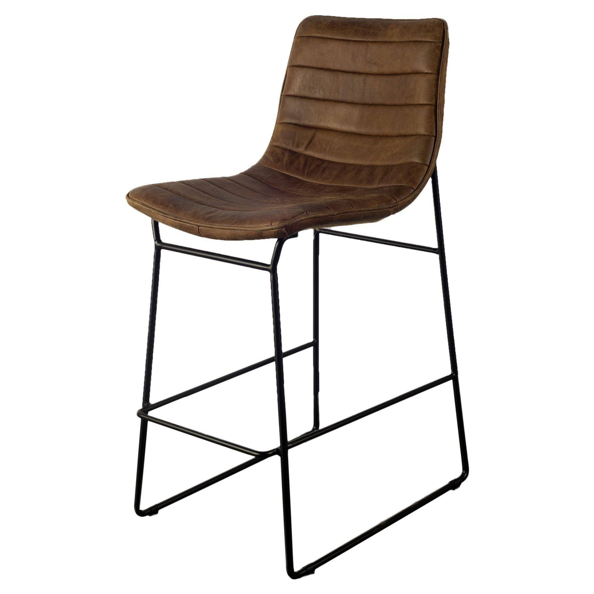 Brown Leather Seat Black Metal Frame Stool A14609