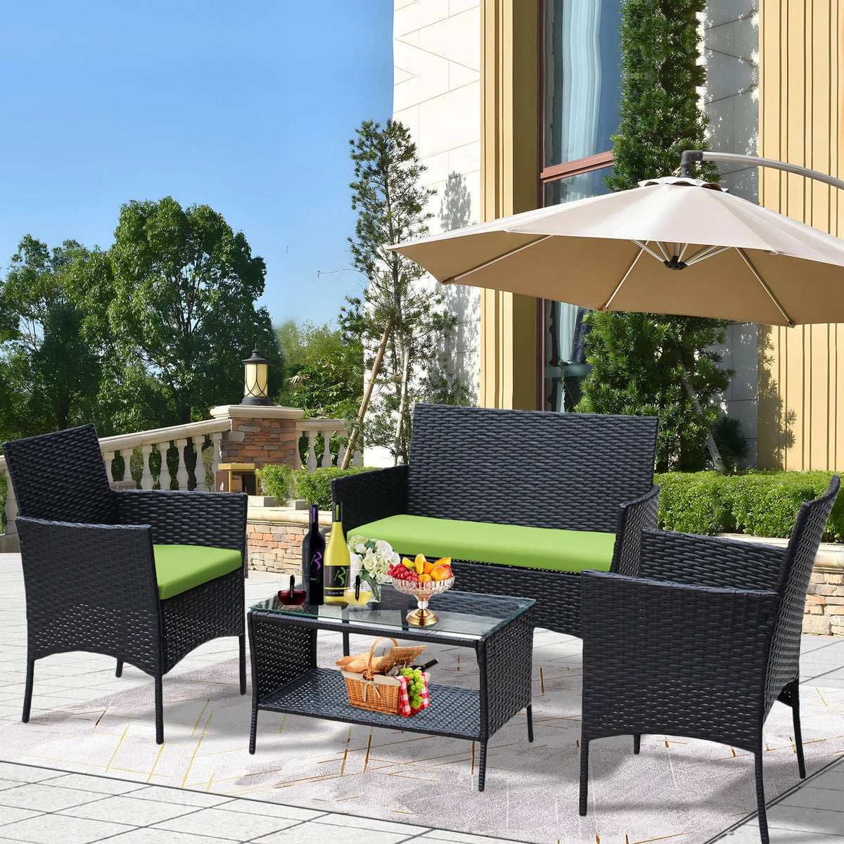 4 Pc PE Rattan Outdoor Furniture Set with Cushions U57730