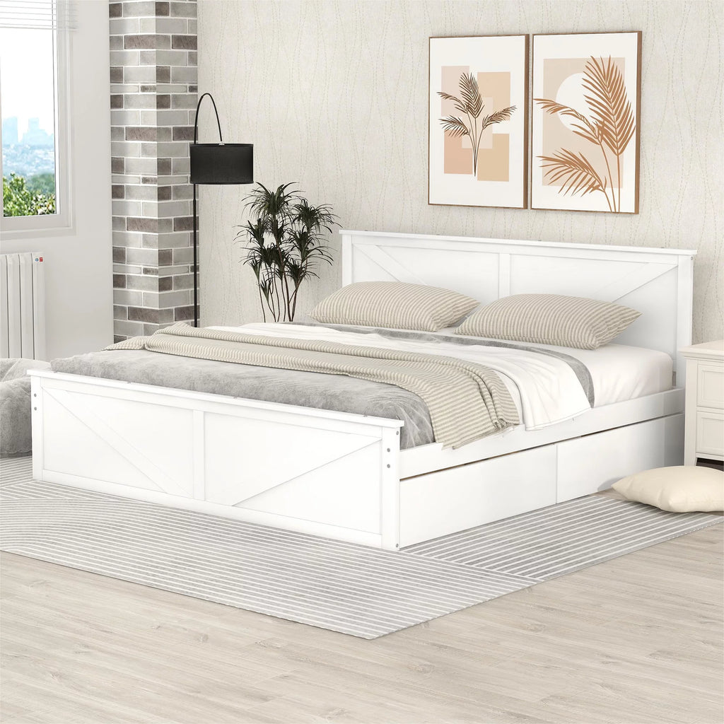 King Size White Wooden Platform Bed with Storage Drawers L37272