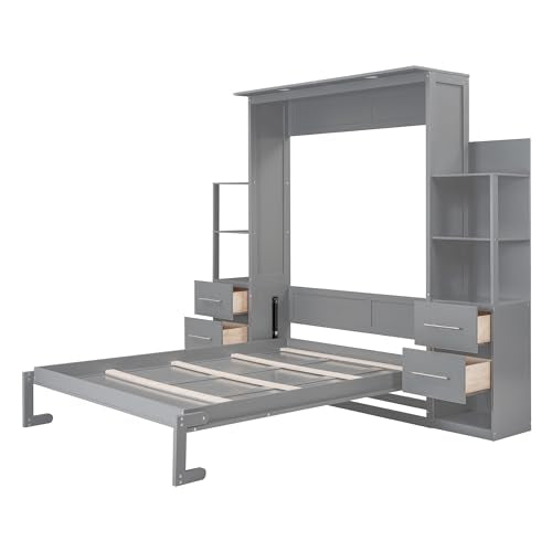 Gray Queen Murphy Bed with Storage Shelves, Drawers and LED Light, Wood Foldable Wall Bed Frame R6341