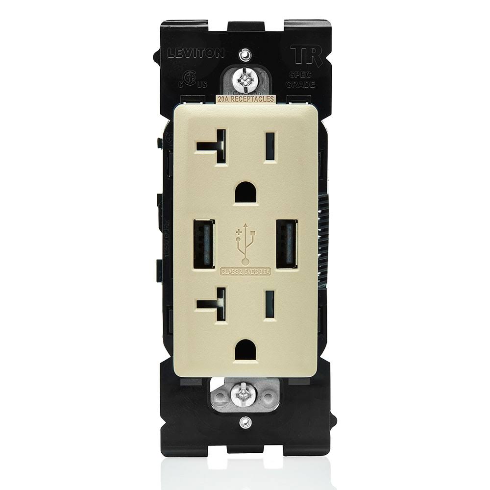 USB Charger/Tamper-Resistant Duplex Outlet, 20A-125VAC, Café Latte E215570