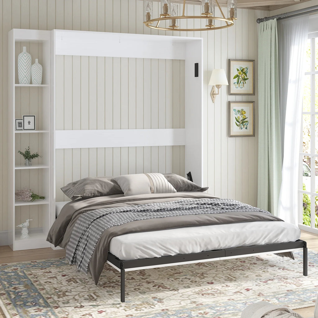 Foldable Murphy Bed with 1 Side Cabinet, White Y444288