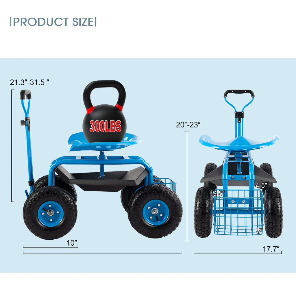 Blue Heavy Duty Rolling Garden Tool Cart with Seat and Storage S6014
