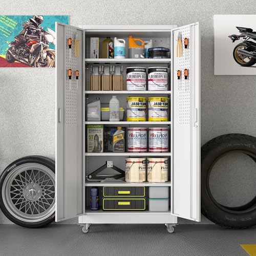 White Metal Storage Cabinet with Wheels S7453