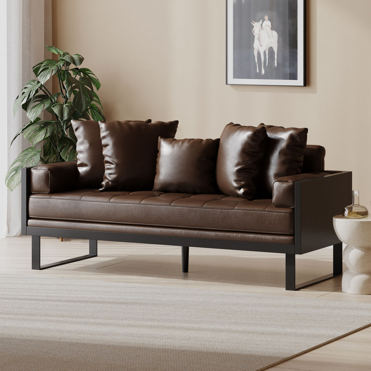 Oversized Faux Leather Loveseat with Accent Pillows G16039