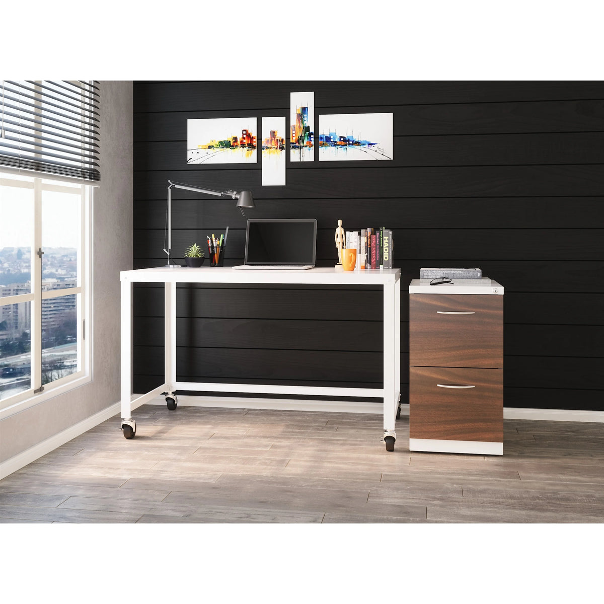 20" 2 Drawer Mobile Pedestal File Cabinet with Seat Cushion, White/Walnut T1326