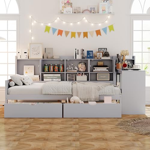 Twin Size Wood Daybed with Bookcase Storage and Desk R767