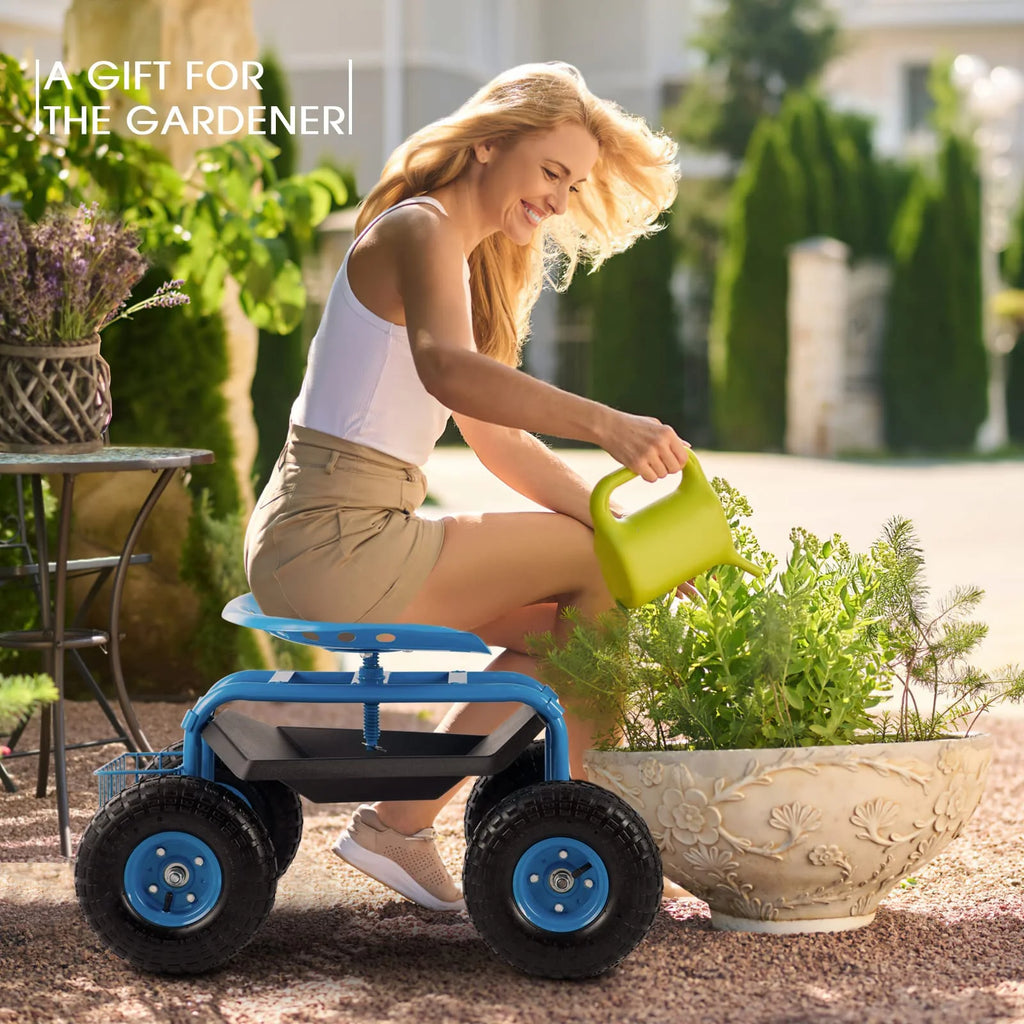 Blue Heavy Duty Rolling Garden Tool Cart with Seat and Storage S6014