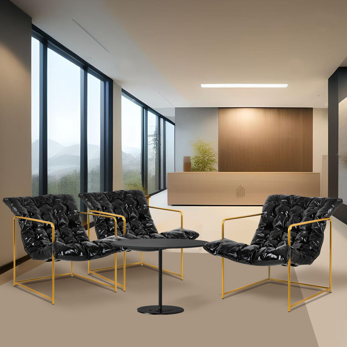 Black Faux Leather Sling Chair with Gold Metal Frame E437178