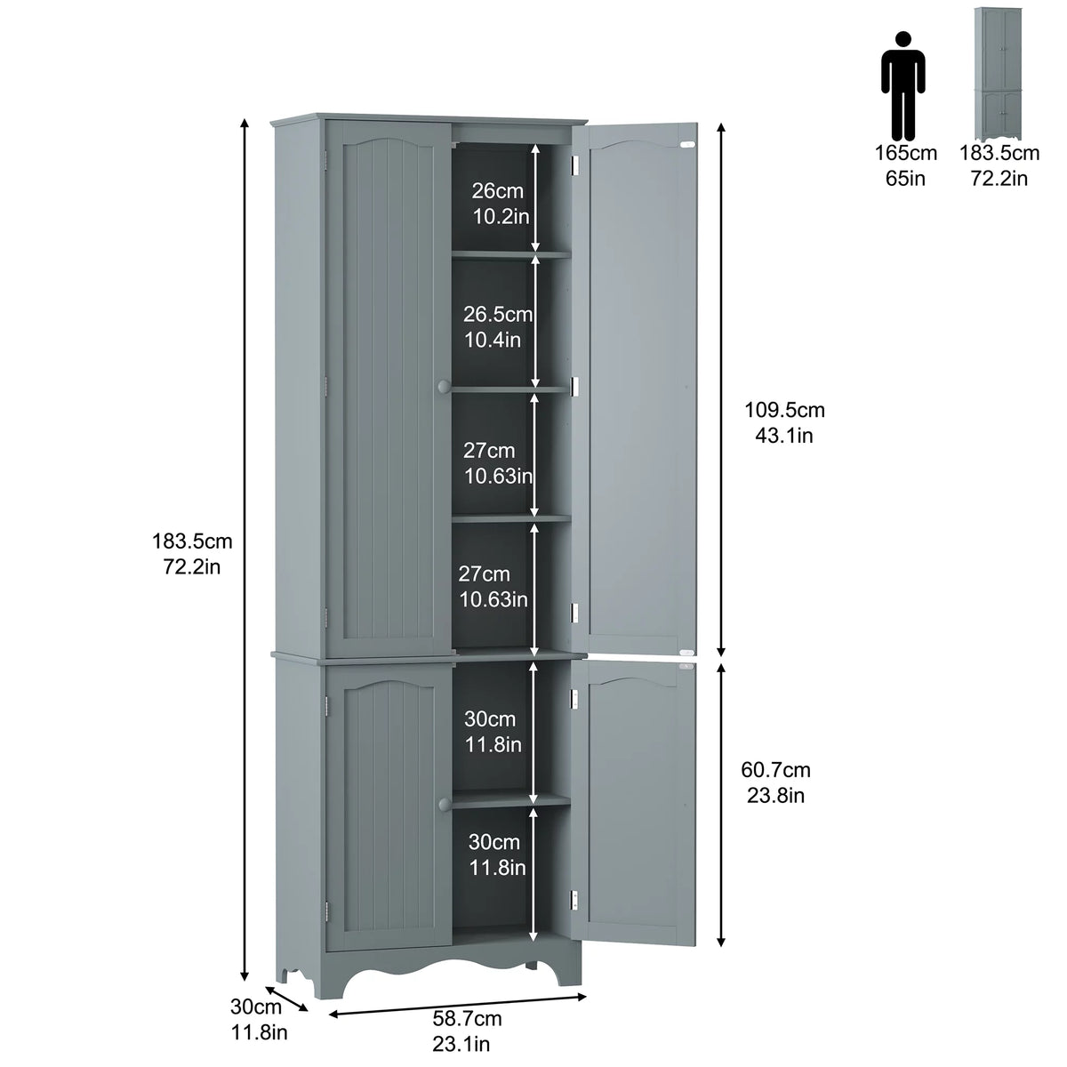 72" H Freestanding Tall Pantry Cabinet with 2 Large Cabinets and Adjustable Shelves F72085