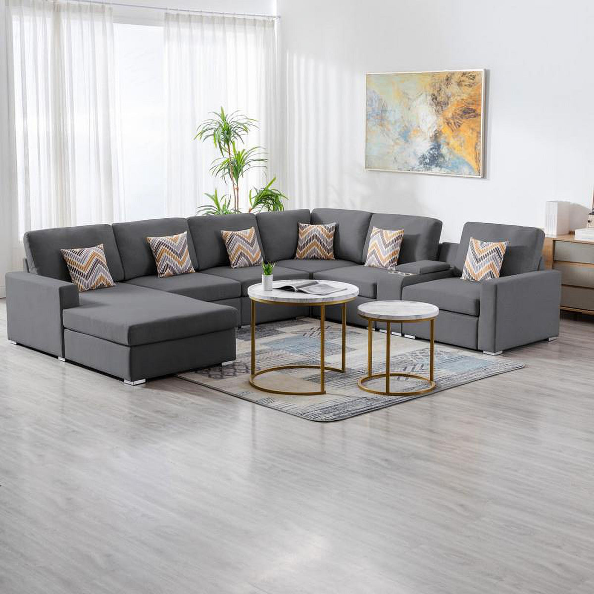 Gray Fabric Reversible Sectional with Charging Ports and Storage Console Z462