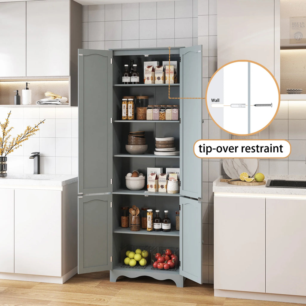 72" H Freestanding Tall Pantry Cabinet with 2 Large Cabinets and Adjustable Shelves F72085