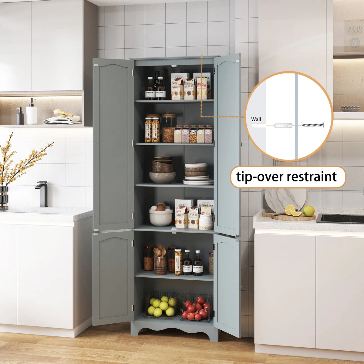 72" H Freestanding Tall Pantry Cabinet with 2 Large Cabinets and Adjustable Shelves F72085