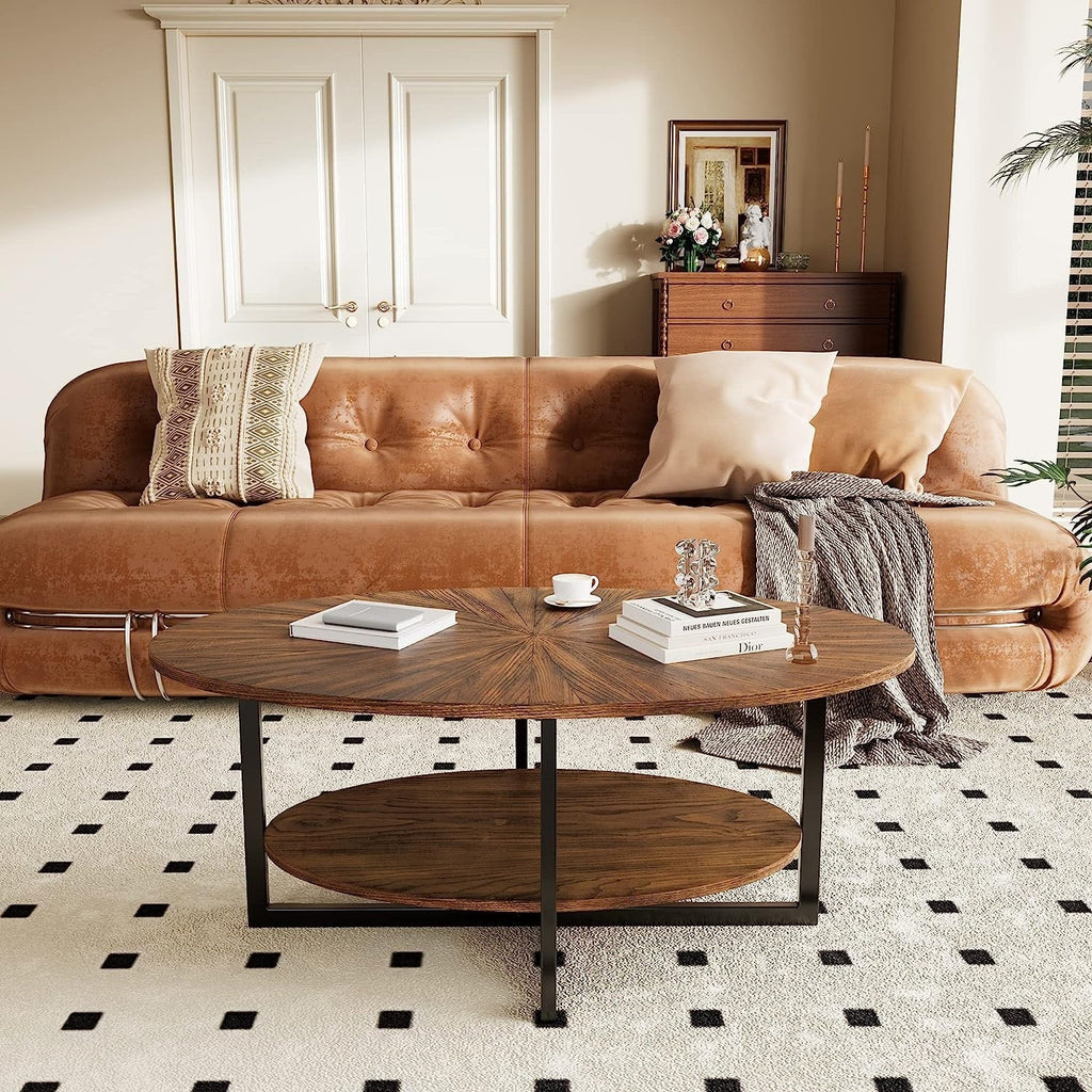 Solid Wood Oval Coffee Table with Cross Metal Legs A791