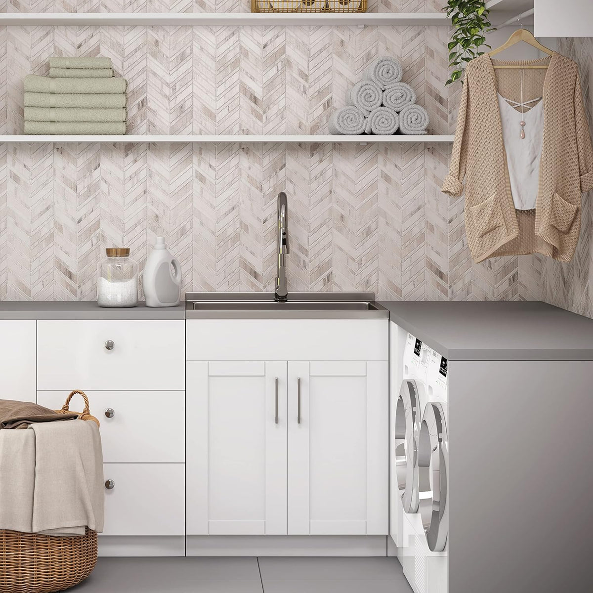 White Laundry Cabinet with Stainless Steel Sink S31019