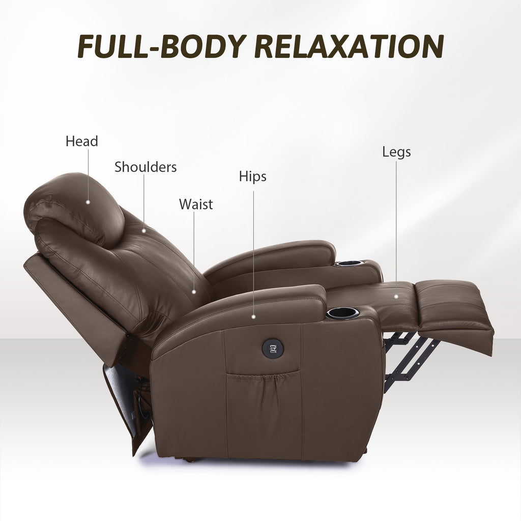 Brown Recliner Chair with Heated Massage Footrest Cup Holders USB Port V930