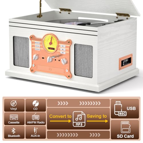 White Wood 10 in 1 Bluetooth Record Player Turntable with Built-in Speakers K26653