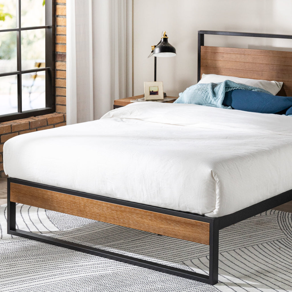 Queen Metal and Wood Platform Bed Frame with Headboard U748517