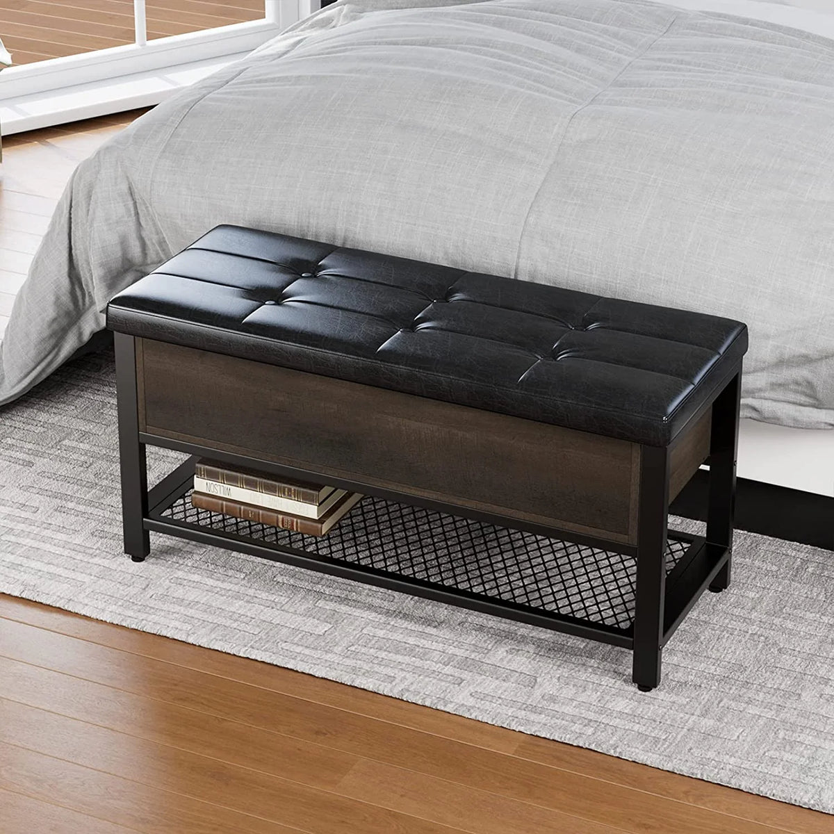 Industrial Storage Bench Flip Top Shoe Bench with Leather Padded Seat X19370