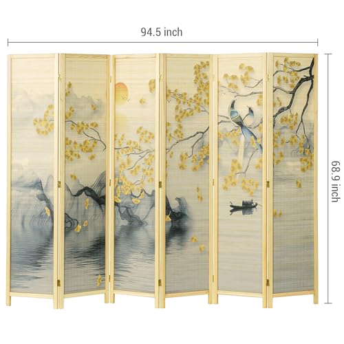 6 Panel Bamboo Room Divider Folding Screen with Beige Solid Wood Frame W9991