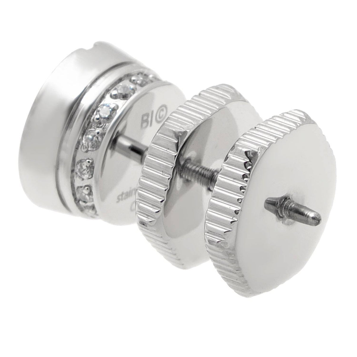 Stainless Steel Round Earring Black CZ B593
