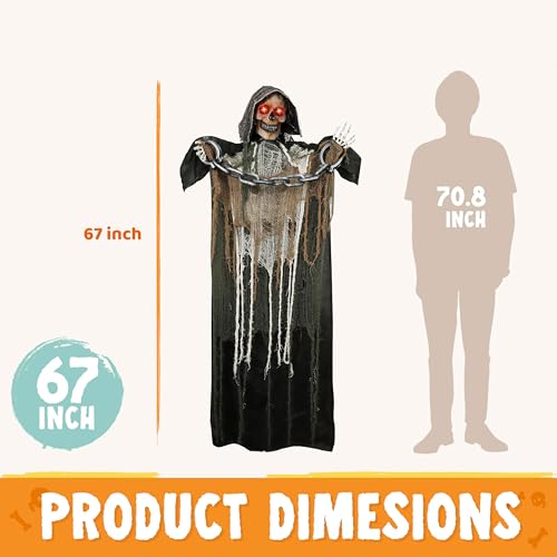 67" Halloween Animatronics Standing Pumpkin Ghost with Light-up Head, Movable Arms B22569
