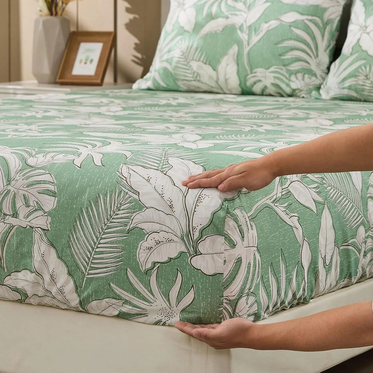 Green Floral Cotton Sheet Set Queen Size 4PC G6774