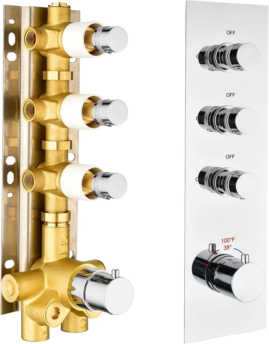Solid Brass Shower Diverter Thermostatic Mixer Valve with Trim (Chrome, Round) Z652