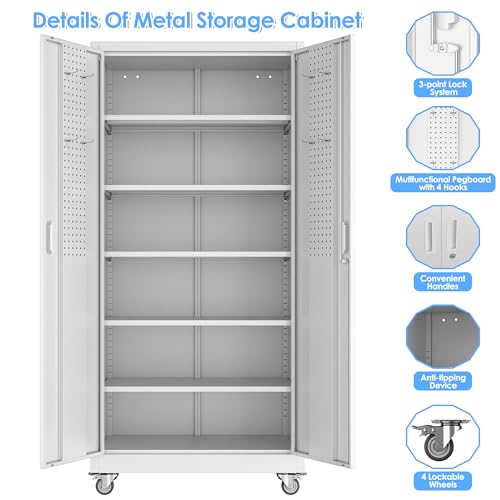 White Metal Storage Cabinet with Wheels S7453