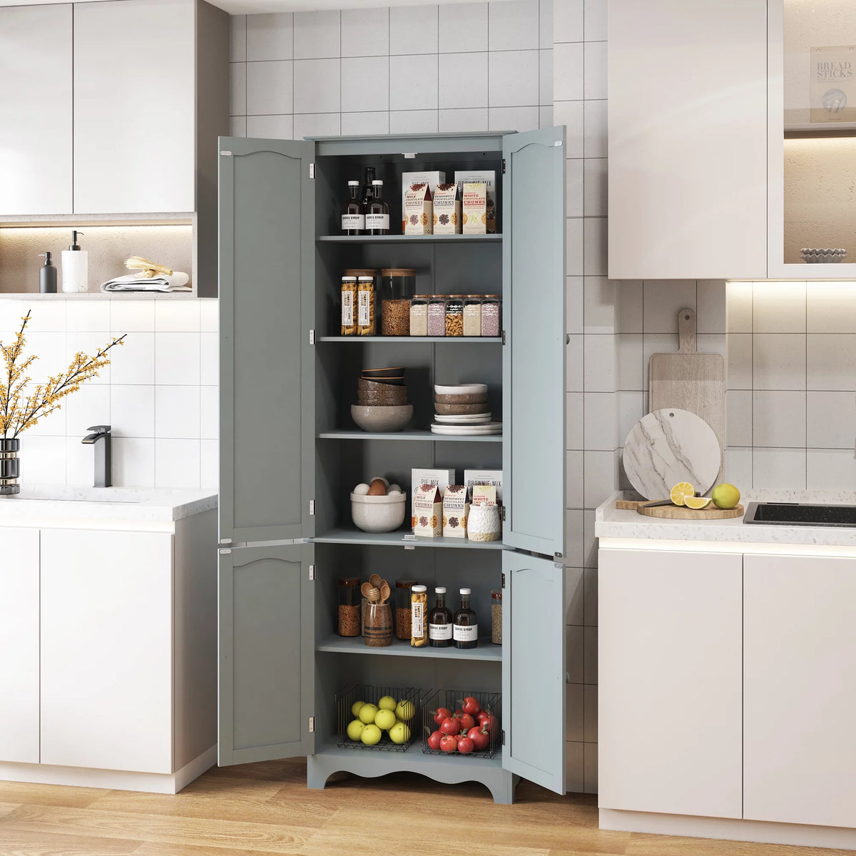 72" H Freestanding Tall Pantry Cabinet with 2 Large Cabinets and Adjustable Shelves F72085