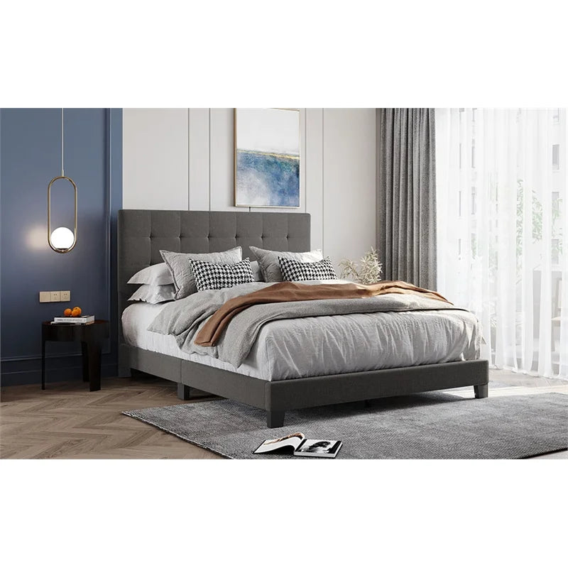 Gray Linen Fabric Queen Upholstered Platform Bed with Tufted Headboard V7557