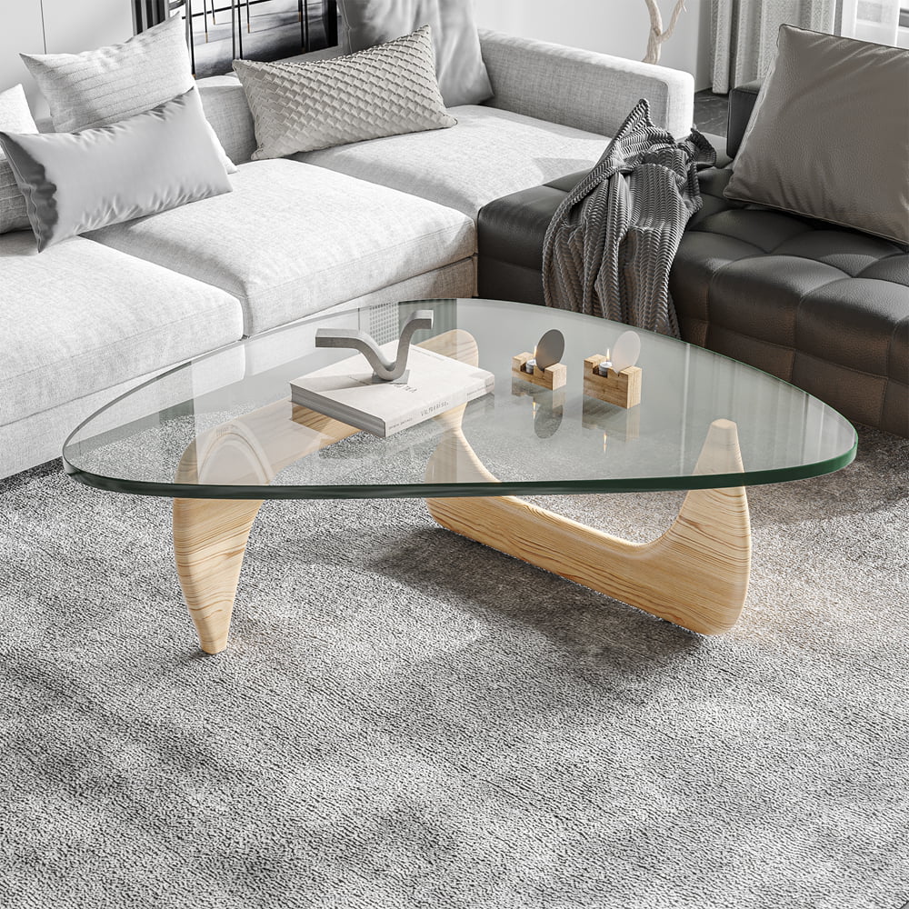 Triangle Tempered Glass Coffee Table Solid Wooden Base A9404