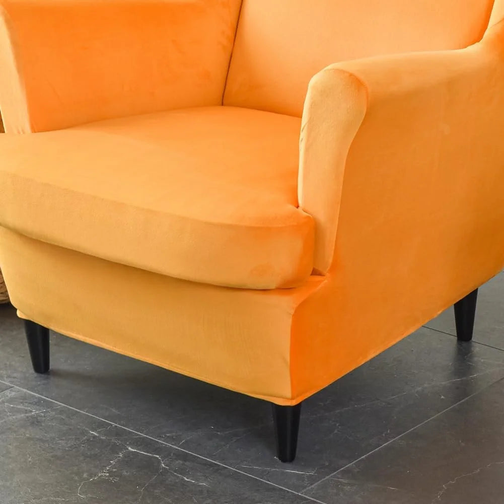 Orange Velvet Stretch Wingback Chair Sofa Slipcover with Elastic Bottom F307